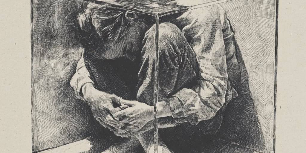 Person curled up inside a transparent cube, symbolizing self-reflection and inner exploration.