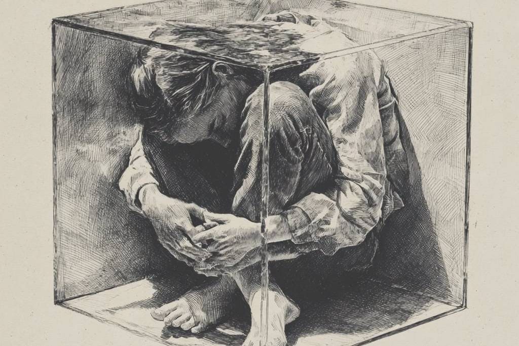Person curled up inside a transparent cube, symbolizing self-reflection and inner exploration.
