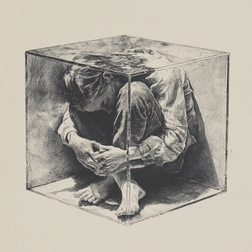 Person curled up inside a transparent cube, symbolizing self-reflection and inner exploration.