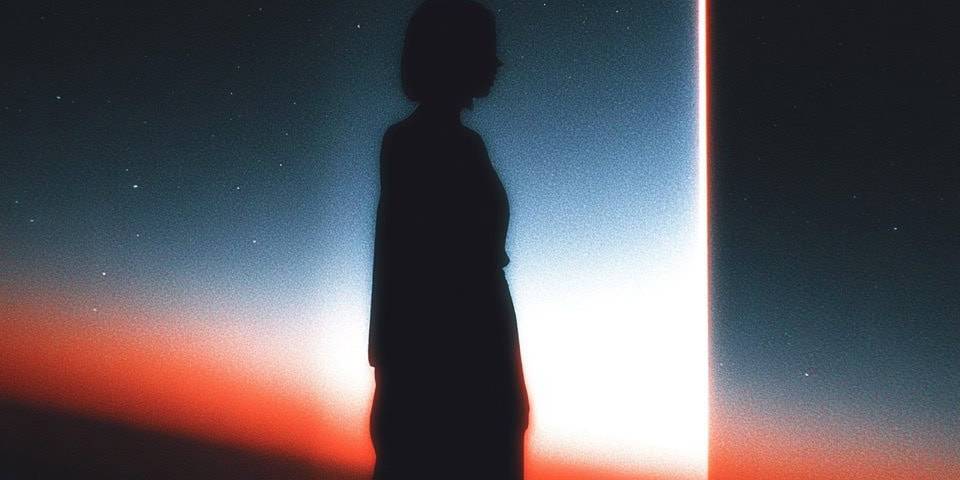 Silhouette of a person standing before a glowing doorway in a cosmic setting.