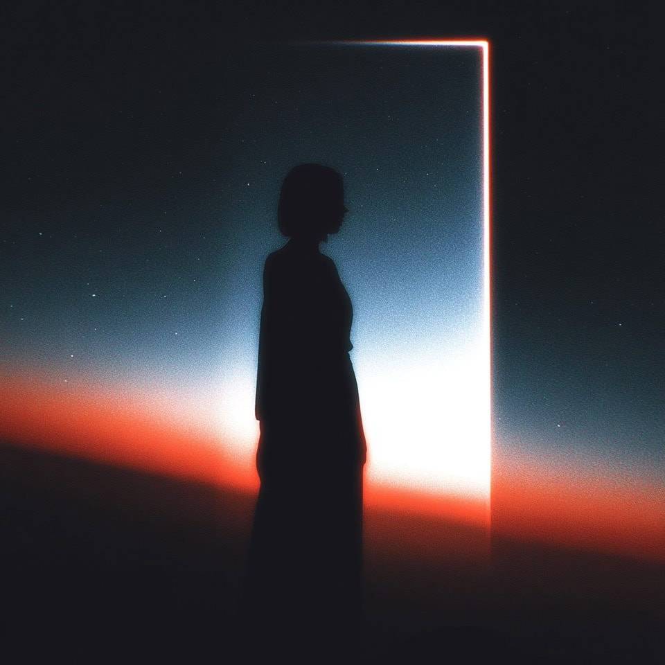 Silhouette of a person standing before a glowing doorway in a cosmic setting.