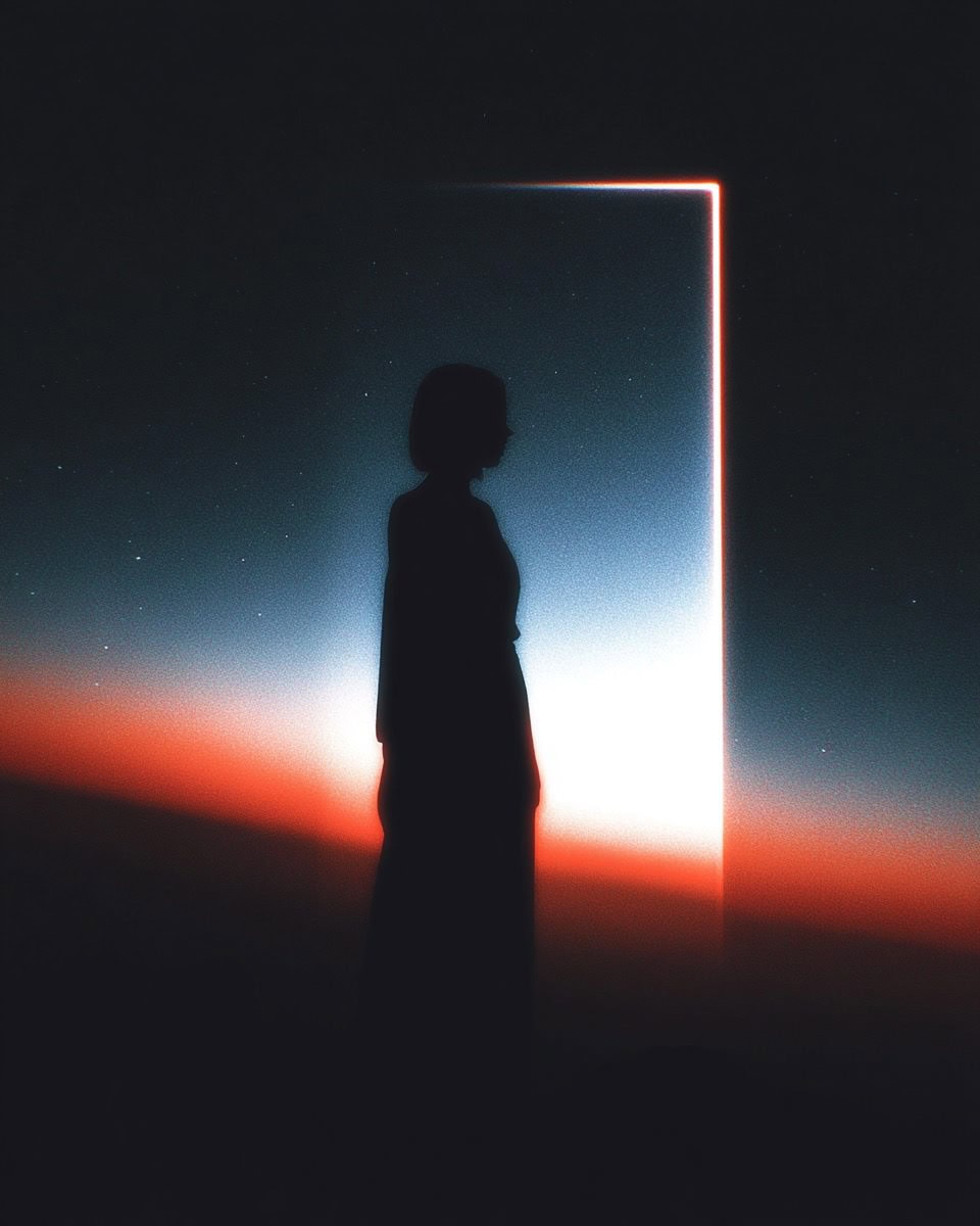 Silhouette of a person standing before a glowing doorway in a cosmic setting.