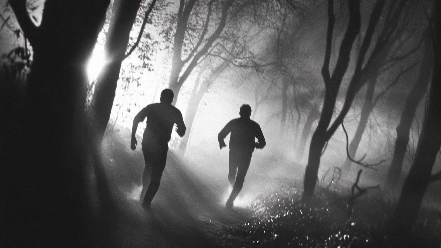 Brothers running through misty forest, symbolizing transformation and growth from greed to success.