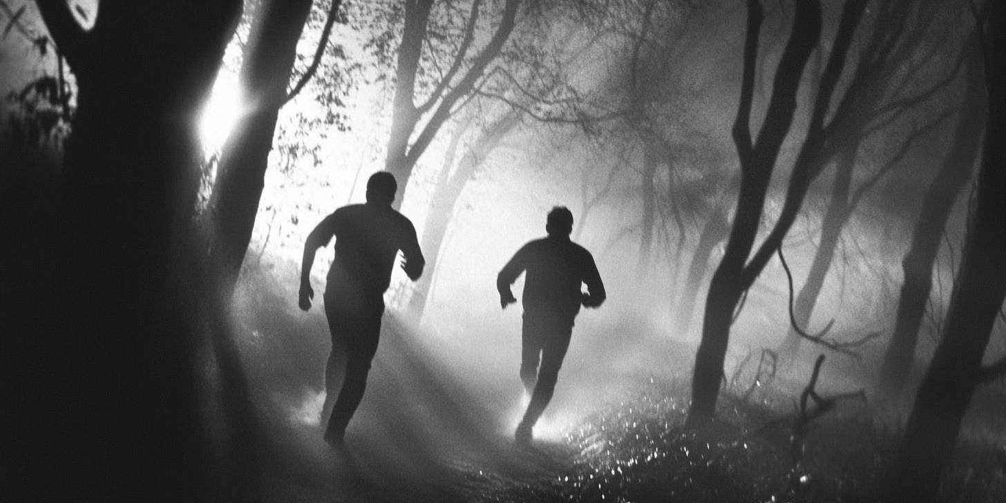Brothers running through misty forest, symbolizing transformation and growth from greed to success.
