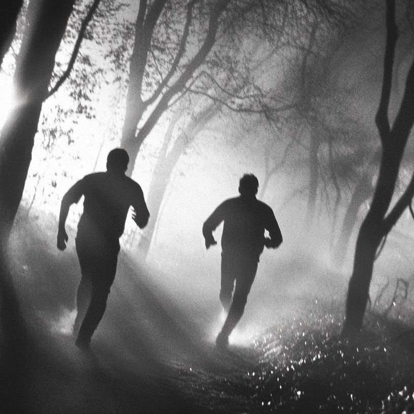 Brothers running through misty forest, symbolizing transformation and growth from greed to success.