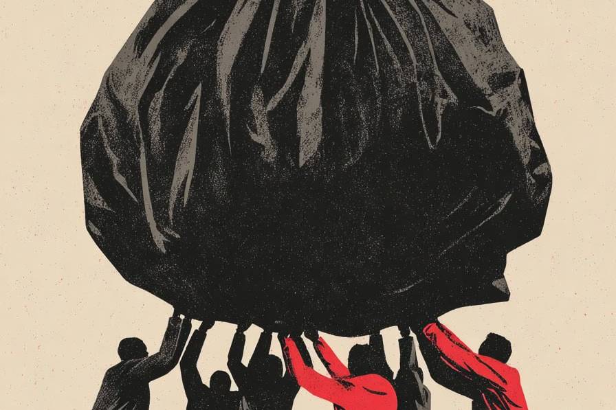 Group of people lifting a large black bag symbolizing self-reflection and collective effort.