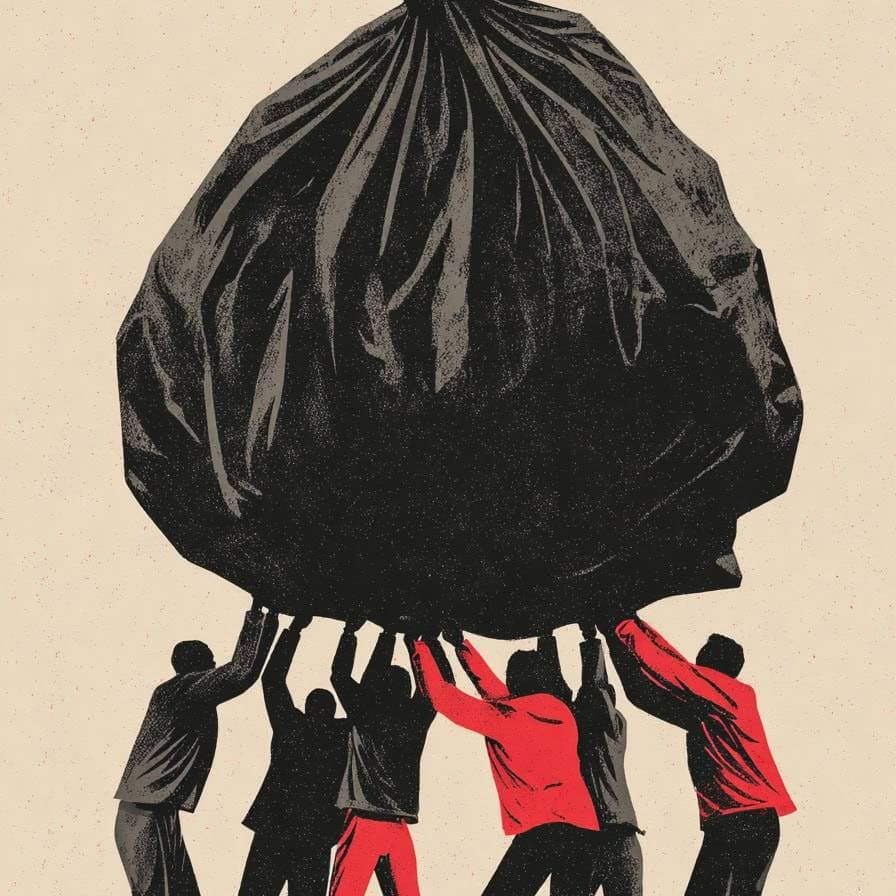 Group of people lifting a large black bag symbolizing self-reflection and collective effort.