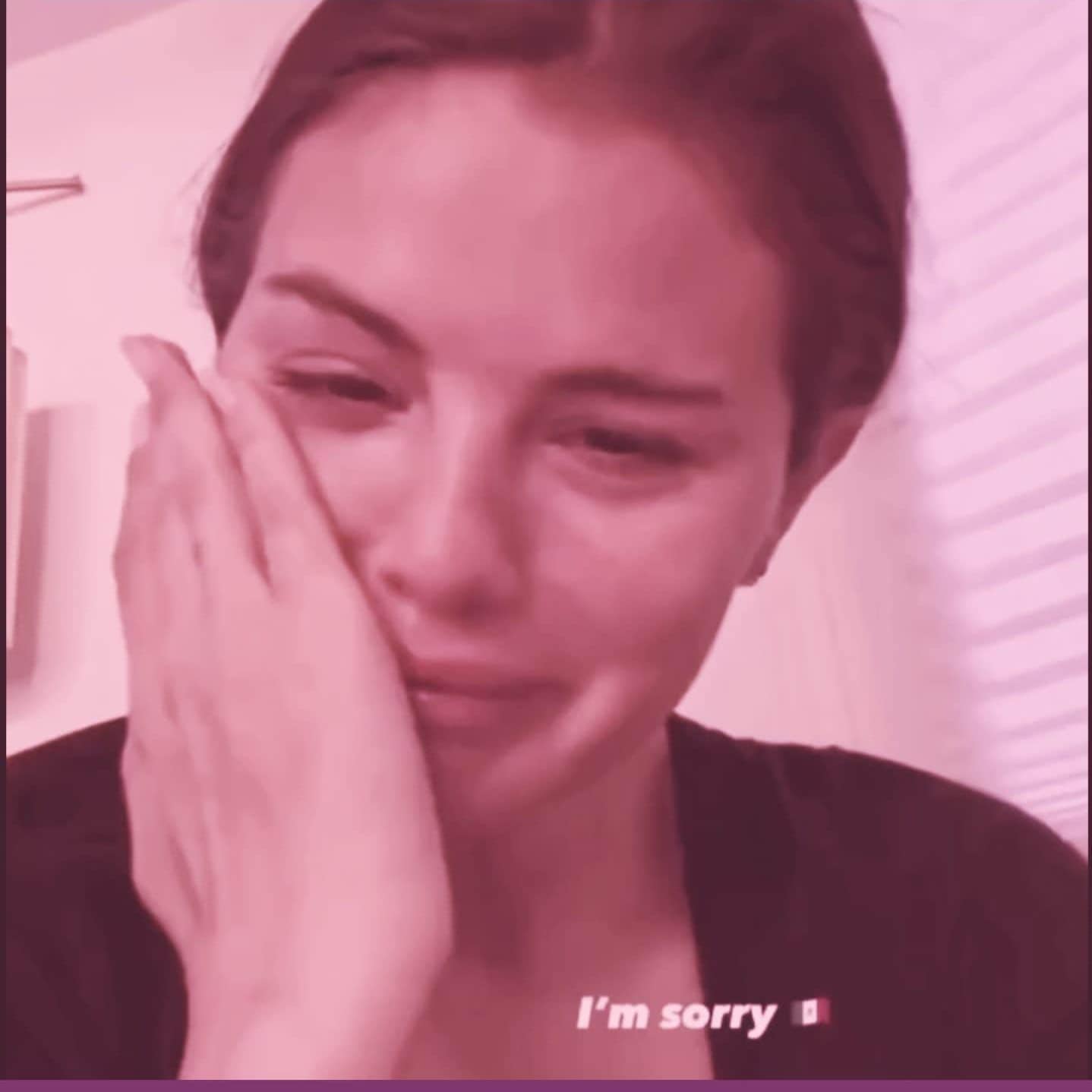 Cute celebrity crying meme featuring Selena Gomez with eye-opening pattern, in a pink-toned setting.