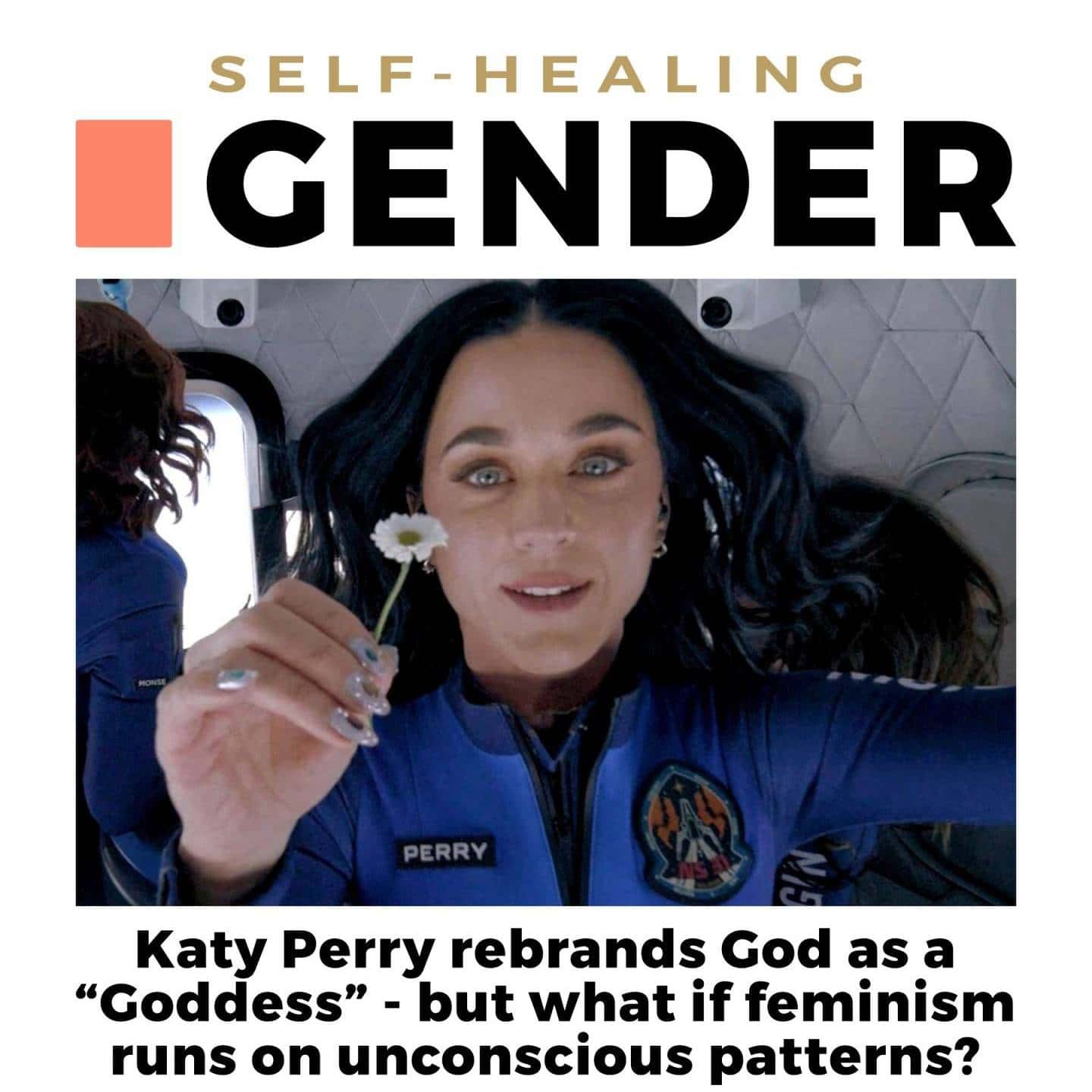 Bold woman in astronaut suit holding a flower, exploring gender roles and feminism.