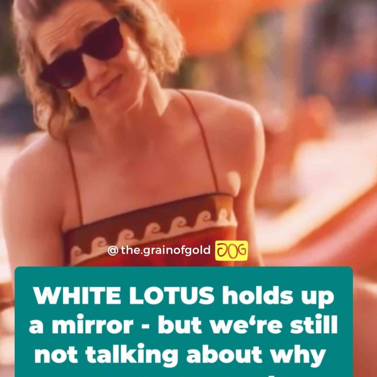 White lotus holding mirror, woman in summer dress, stylish sunglasses, beach scene, summer fashion, Grain of Gold.
