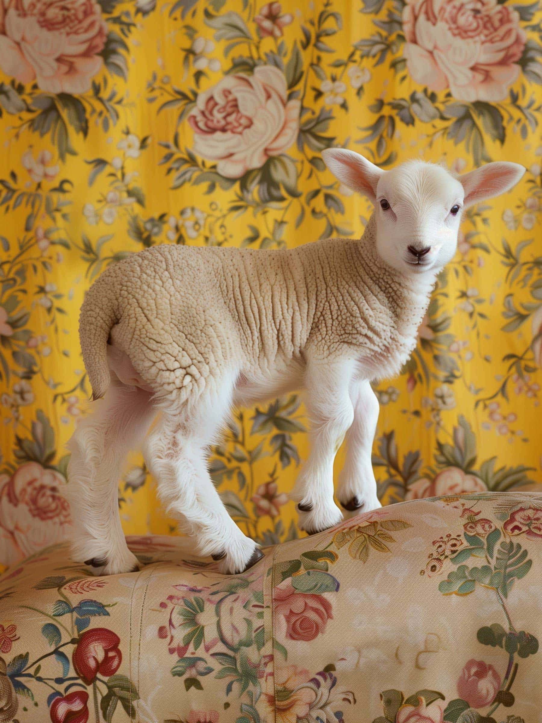 Adorable lamb standing on floral-patterned couch with yellow floral wallpaper background.
