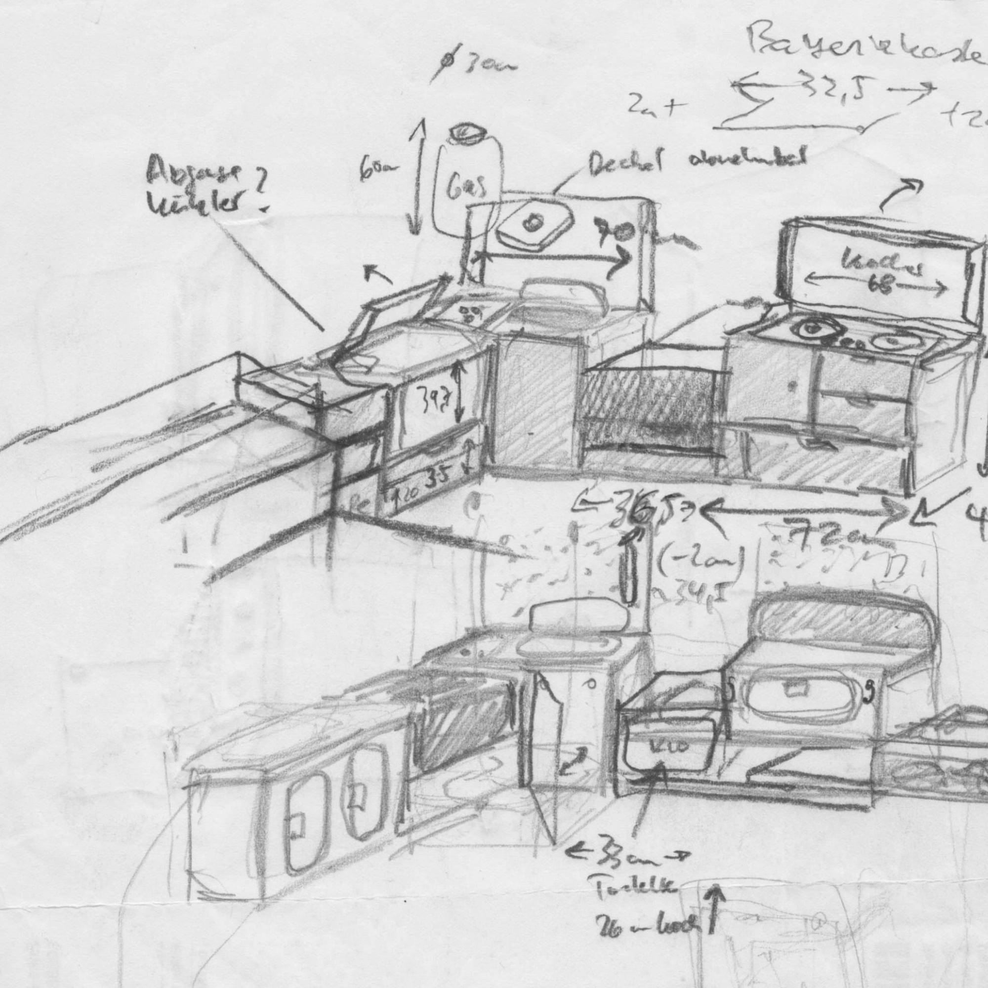 Hand-drawn kitchen layout sketch with appliances and cabinetry details.