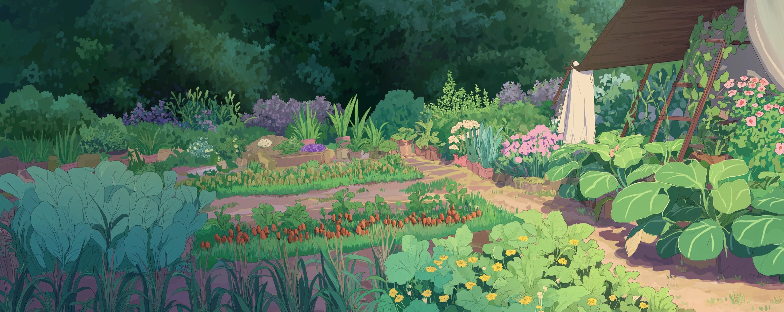 Lush organic vegetable garden with colorful plants and a small shed.