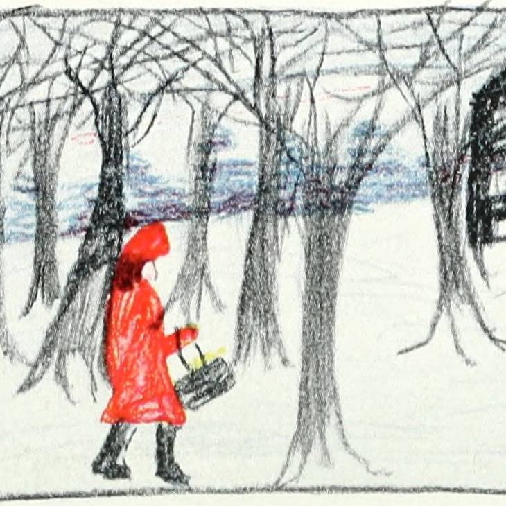 Person walking through a wooded area with visible tree roots and a house in the background.