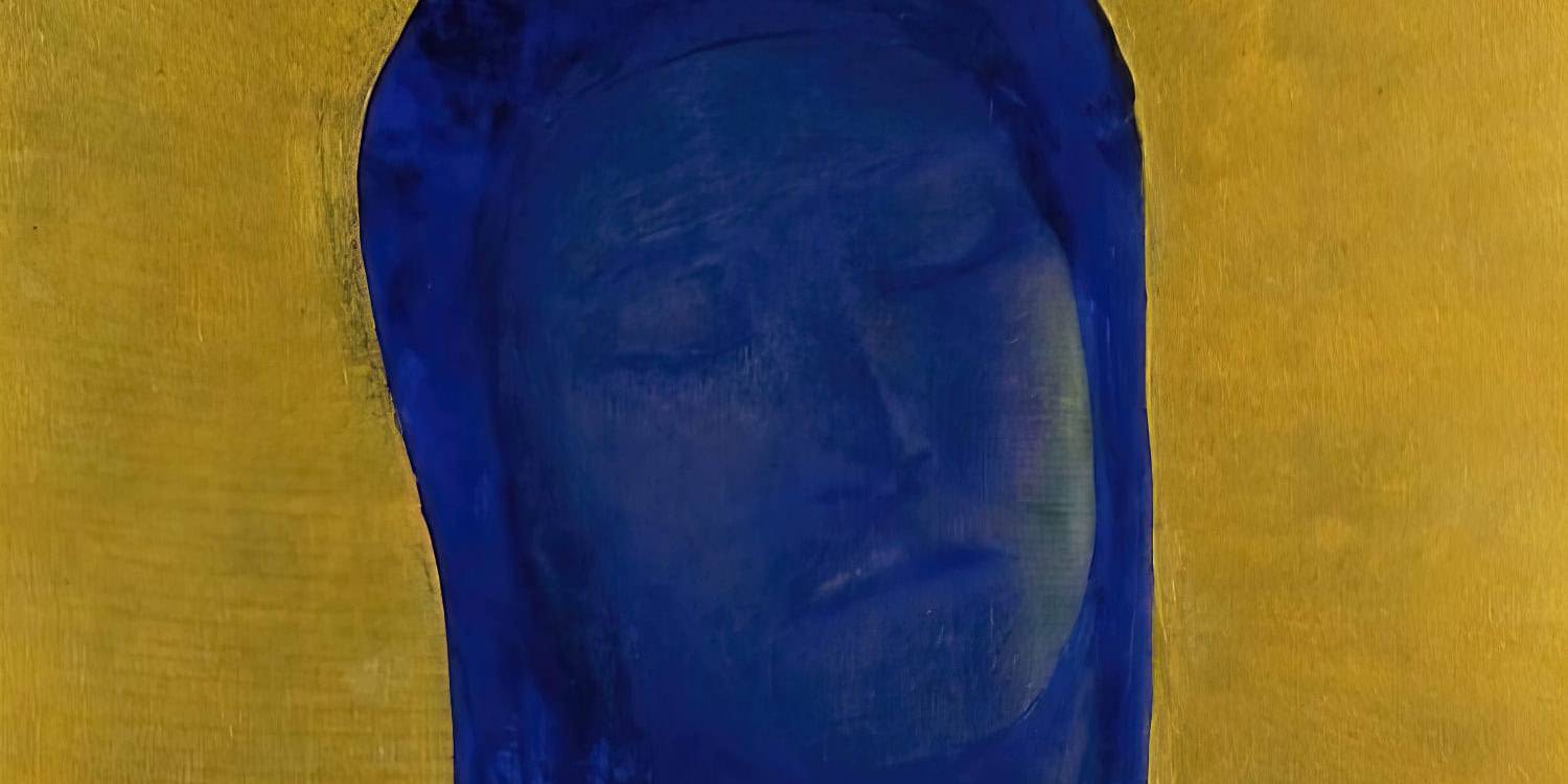 Blue abstract portrait of a woman with a yellow background, emphasizing artistic expression and crea.