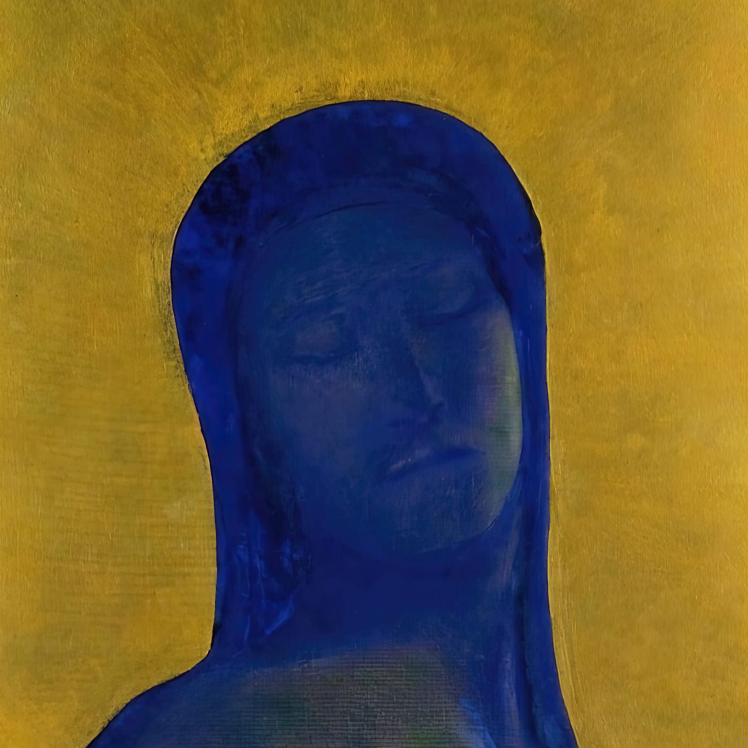 Blue abstract portrait of a woman with a yellow background, emphasizing artistic expression and crea.