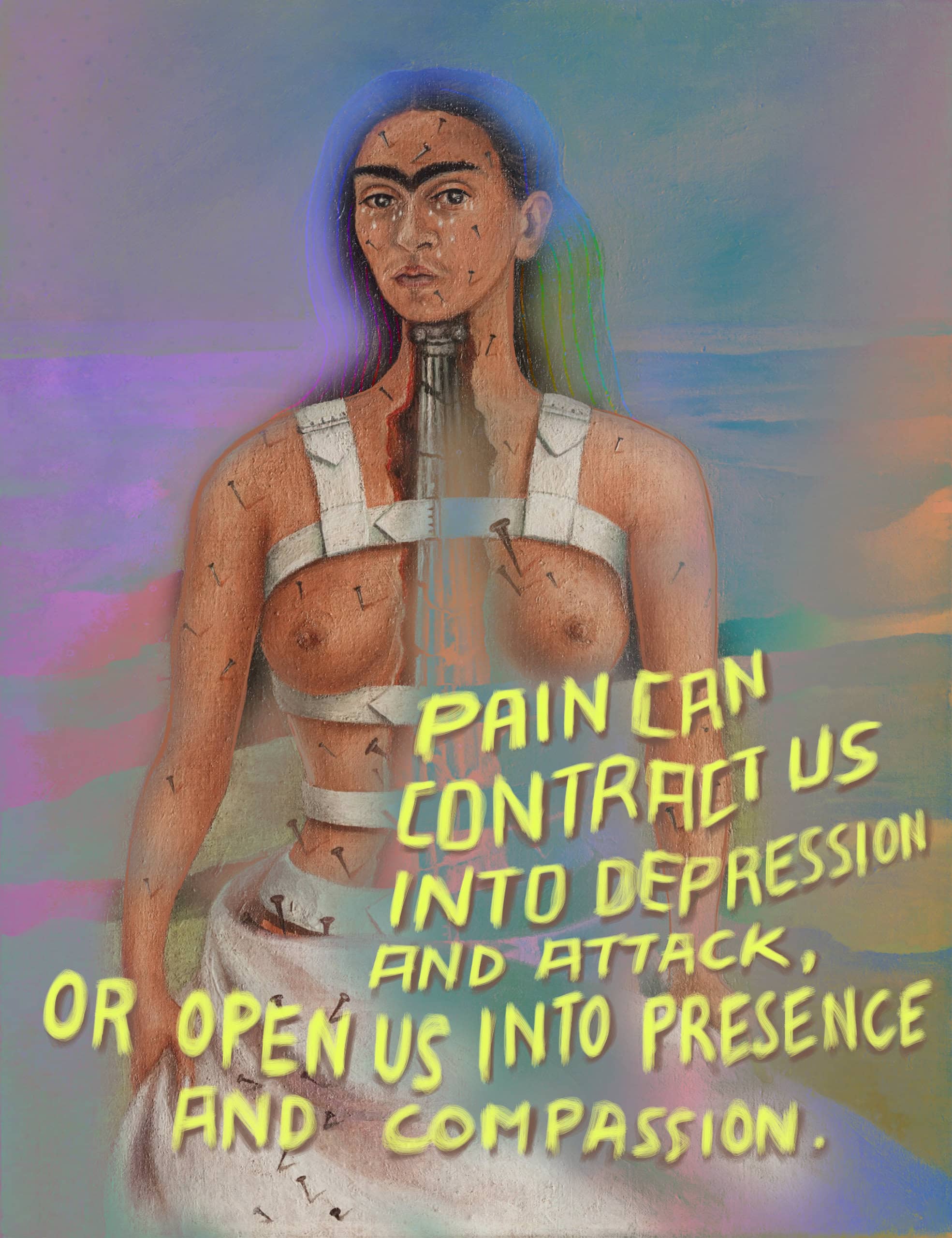 Empowered woman with tattoos and vibrant background, symbolizing resilience and self-awareness.