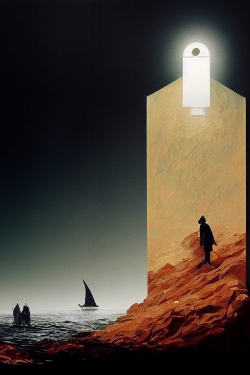 Mysterious lighthouse on rocky coast with a person walking nearby, under a glowing sky.