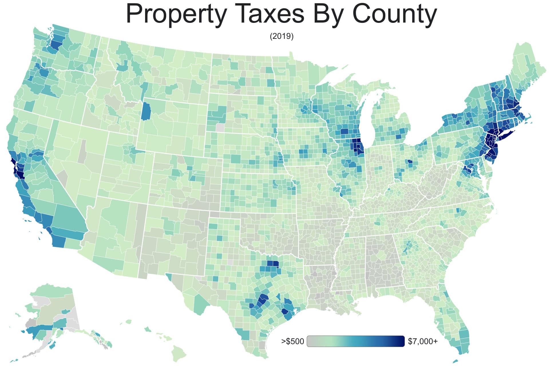 Property taxes distribution across US counties in 2019.