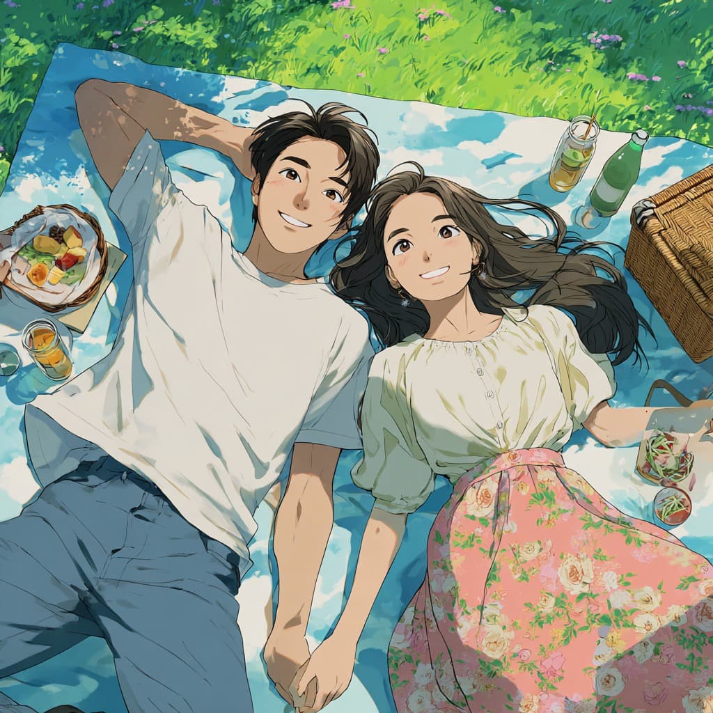 Relaxed young couple enjoying a sunny picnic outdoors, lying on a blanket with food and drinks, surr.