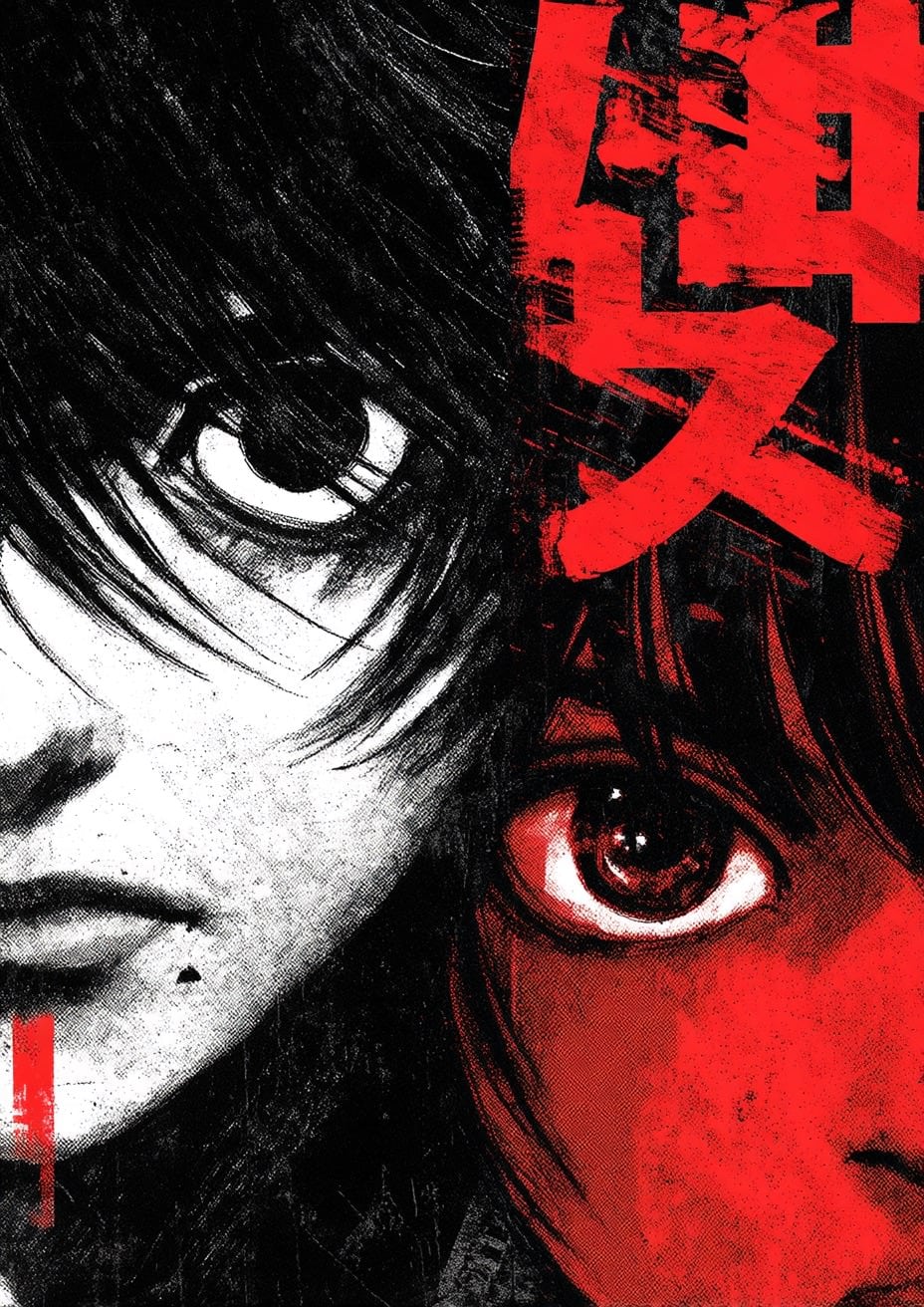 Artistic portrait of two women with striking eyes, black and red color scheme, expressive and bold d.