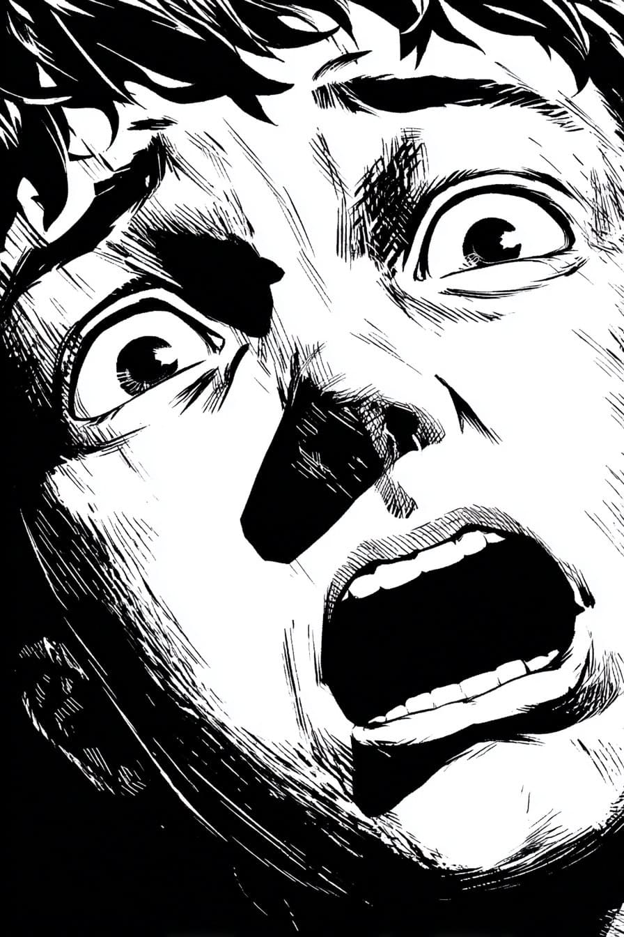 Fearful young man with wide eyes and open mouth in black and white.