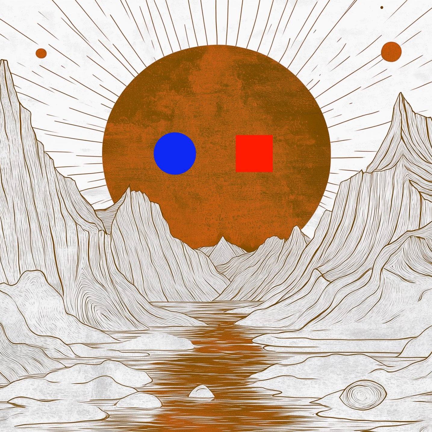 Abstract sun with blue circle and red square over mountain landscape.
