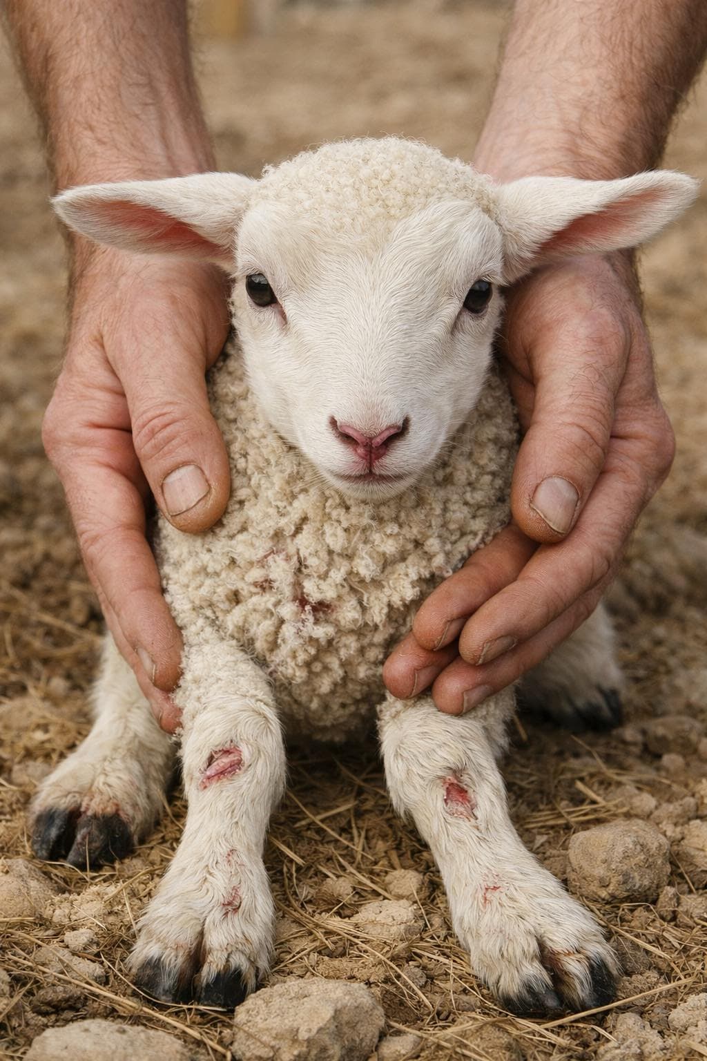 Lamb being gently held by hands, showcasing farm life and animal care.