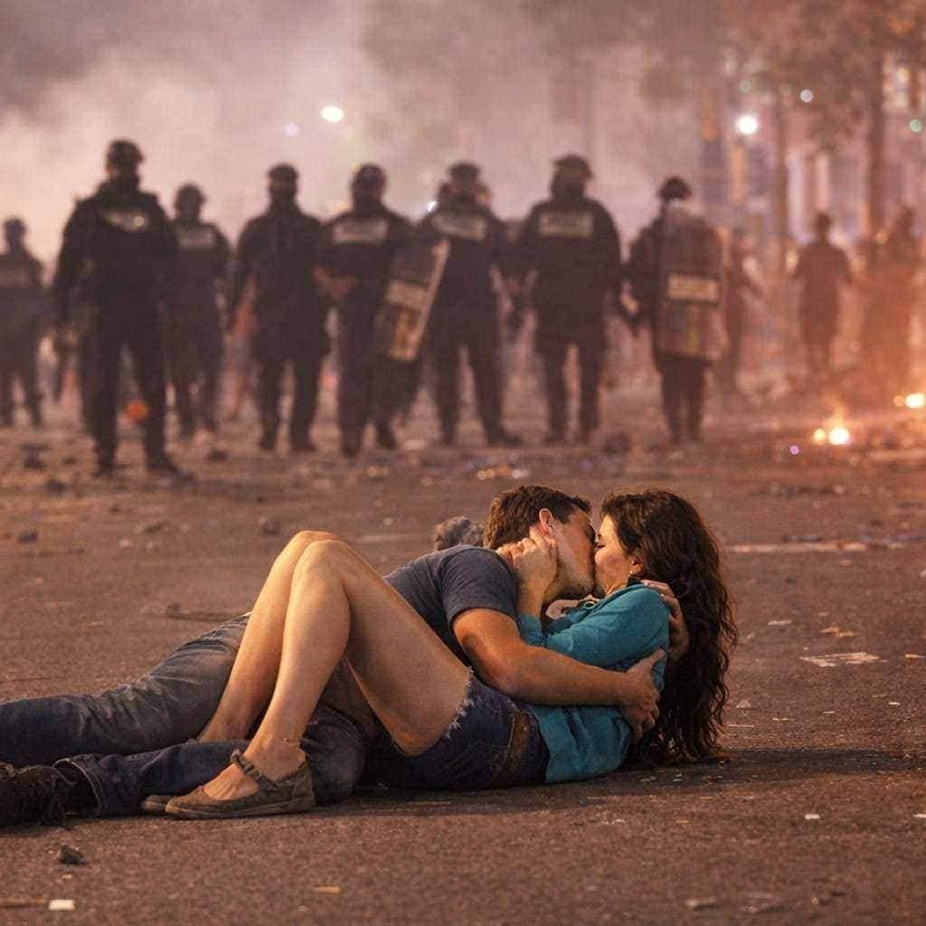 Couple embracing amidst chaos and unrest in a city street.