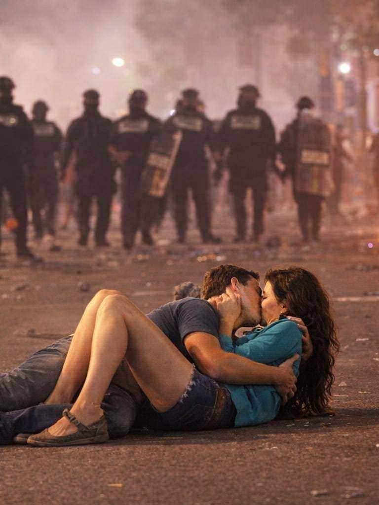 Couple embracing amidst chaos and unrest in a city street.