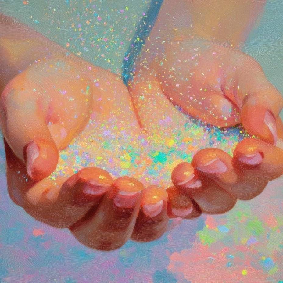 Hand holding colorful glitter with soft pastel background.