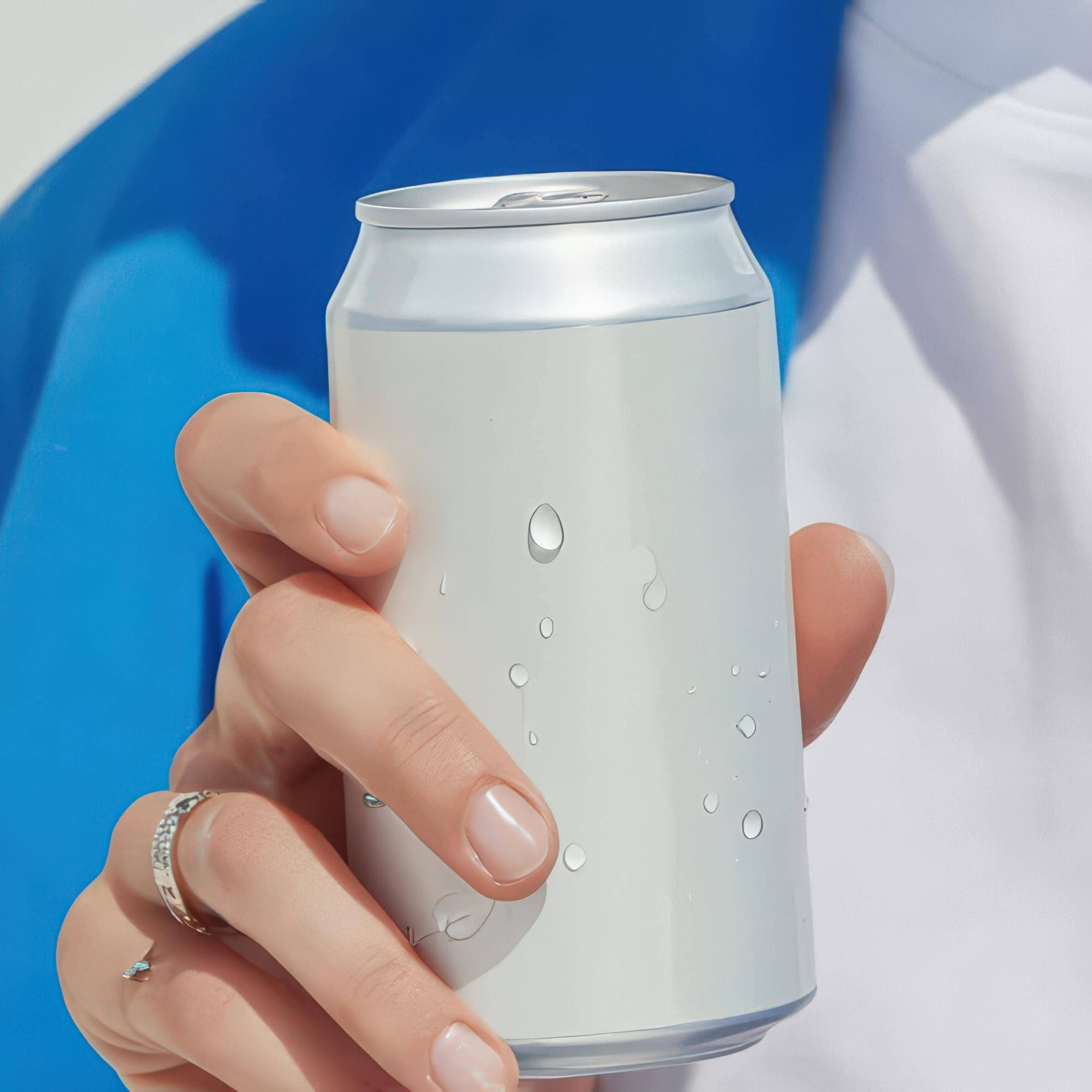 Aluminum beverage can held by a person with a blue background.