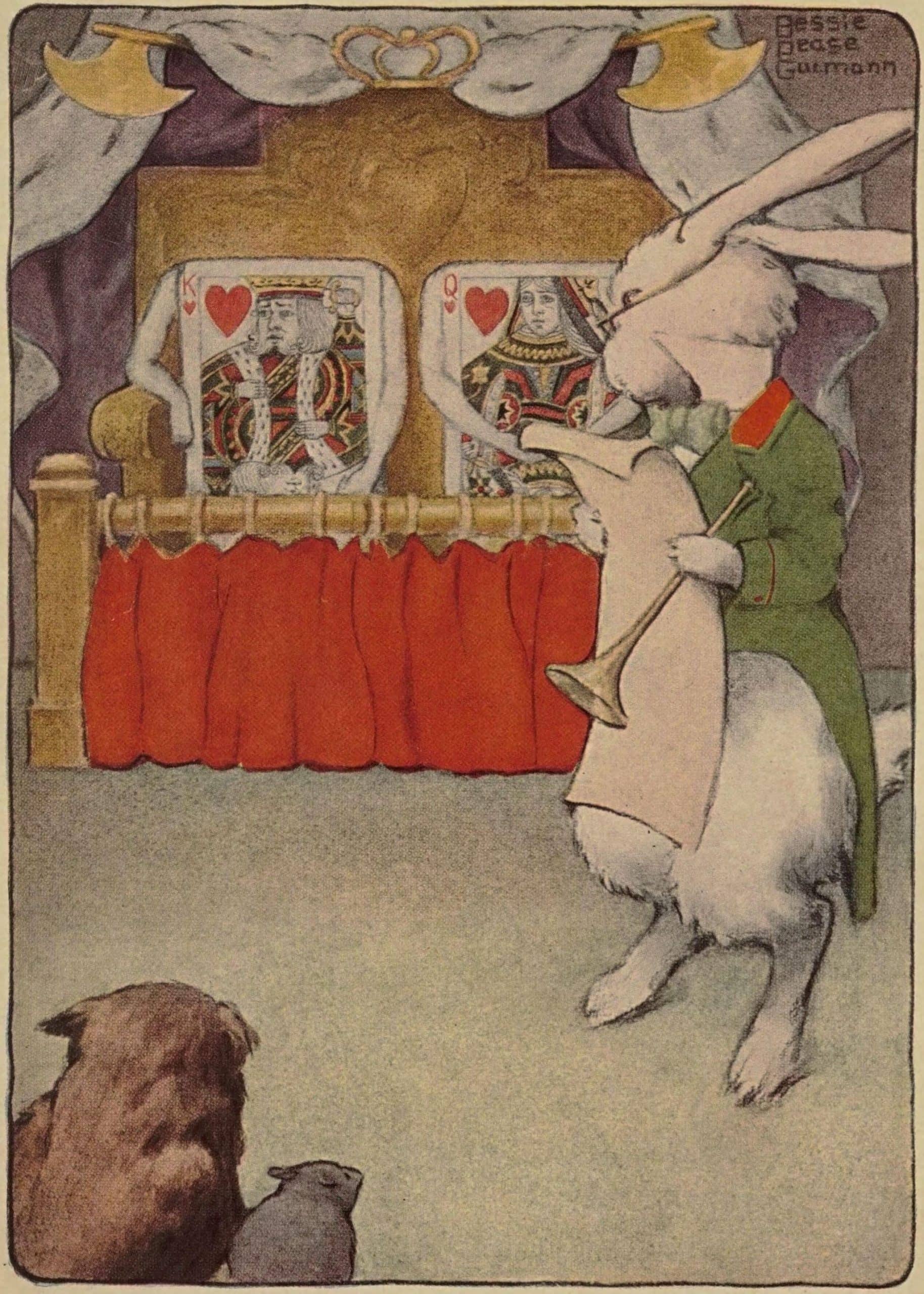 Surreal illustration of a dog and a rabbit watching a puppet show with playing cards.
