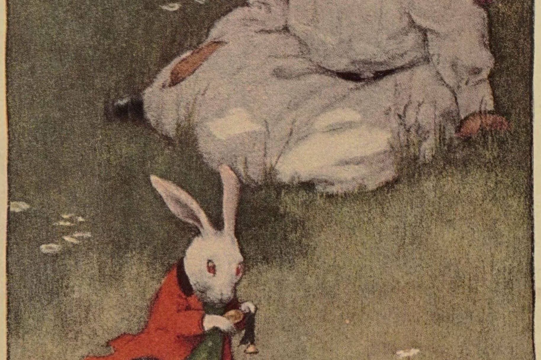 Delightful vintage illustration of a girl and a bunny, emphasizing innocence and playful artistry.