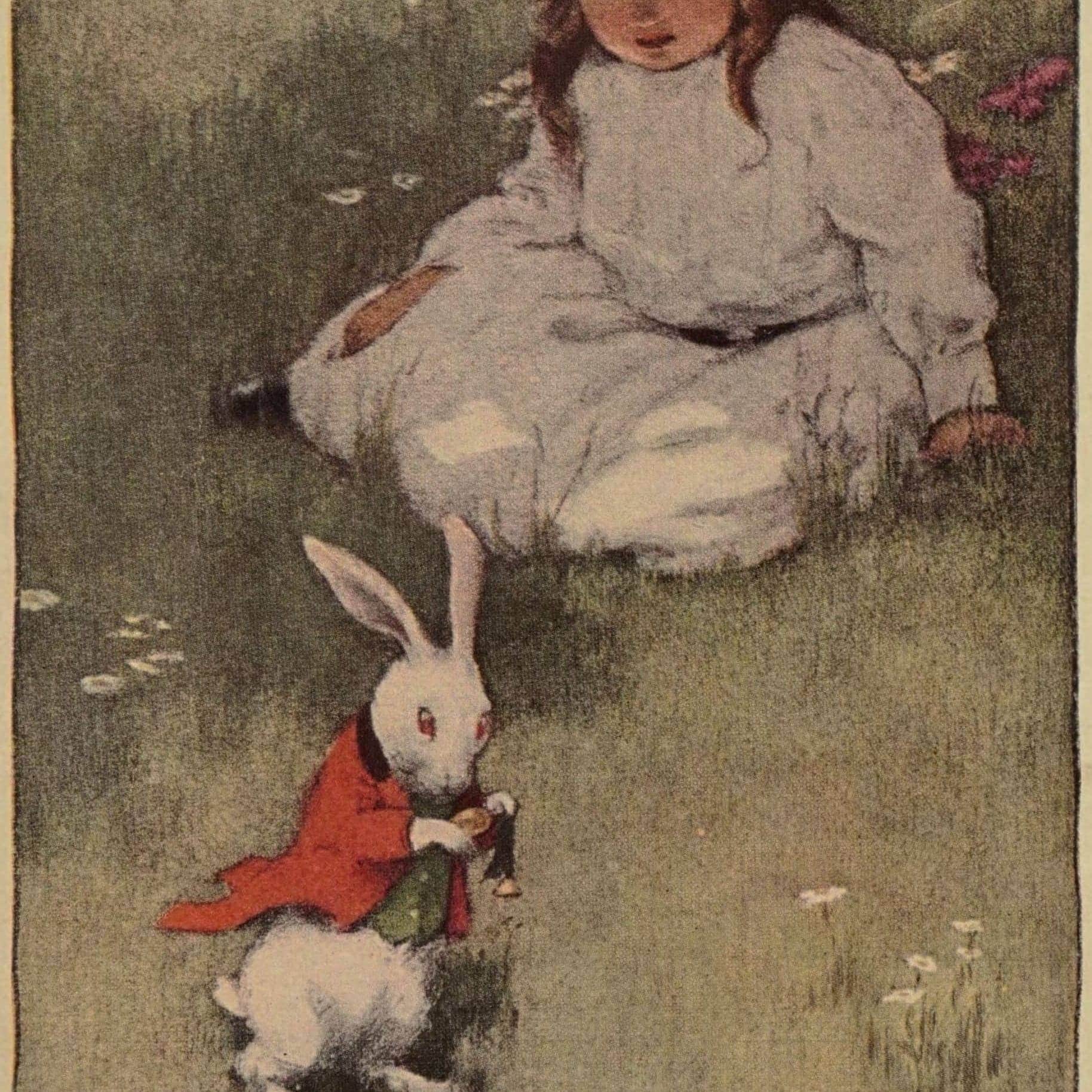 Delightful vintage illustration of a girl and a bunny, emphasizing innocence and playful artistry.