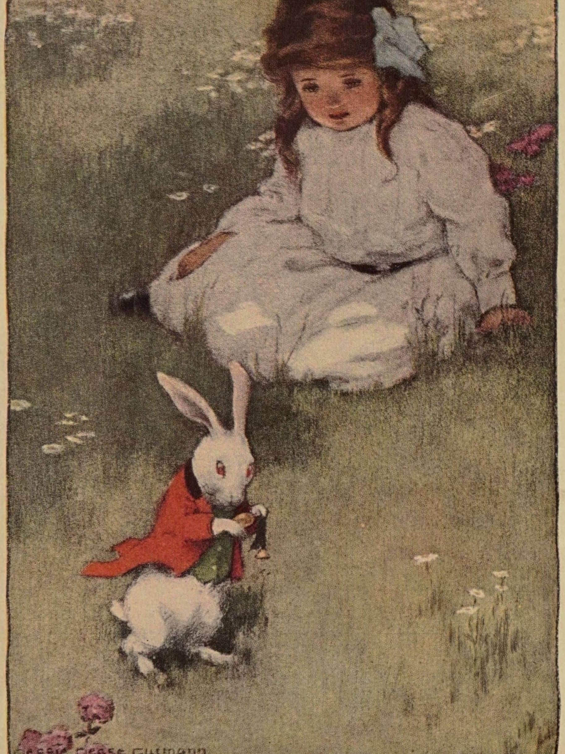 Delightful vintage illustration of a girl and a bunny, emphasizing innocence and playful artistry.