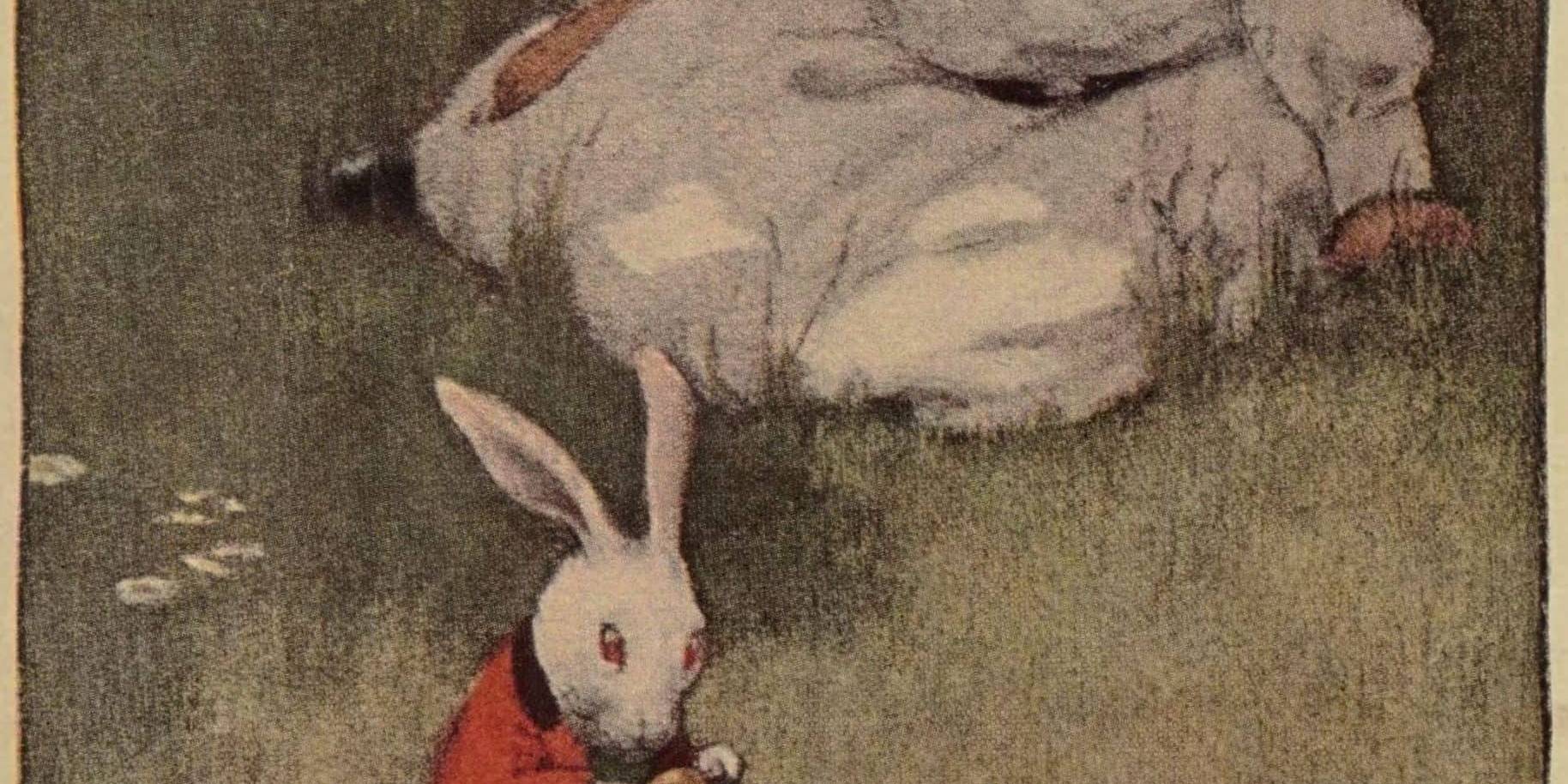 Delightful vintage illustration of a girl and a bunny, emphasizing innocence and playful artistry.