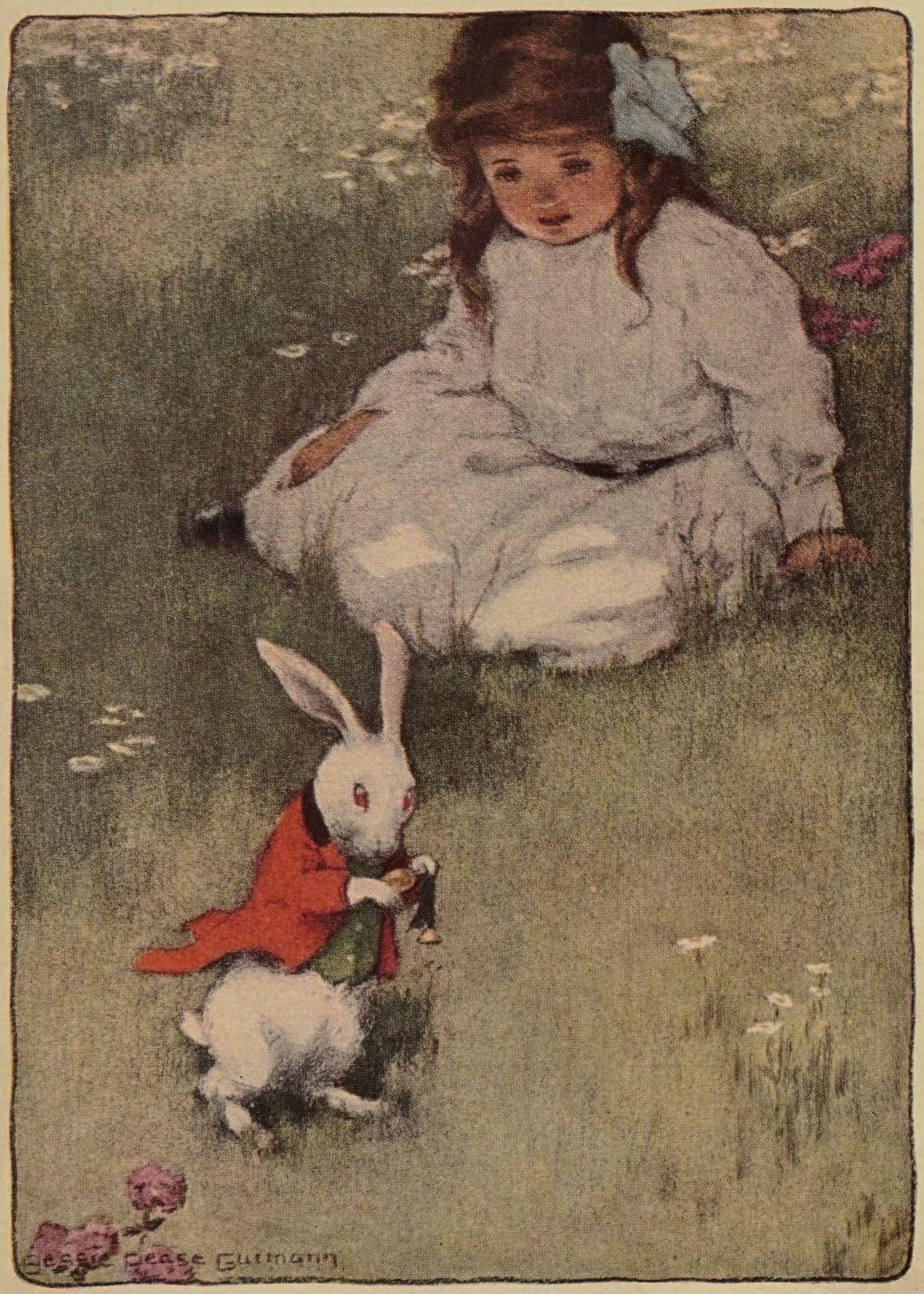 Delightful vintage illustration of a girl and a bunny, emphasizing innocence and playful artistry.