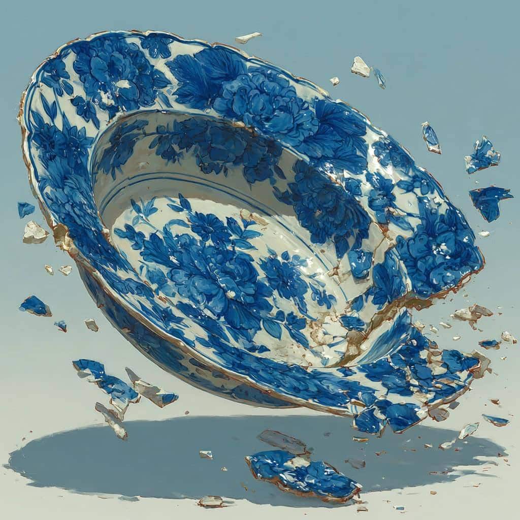 Broken antique porcelain bowl with blue floral design, scattered pieces.