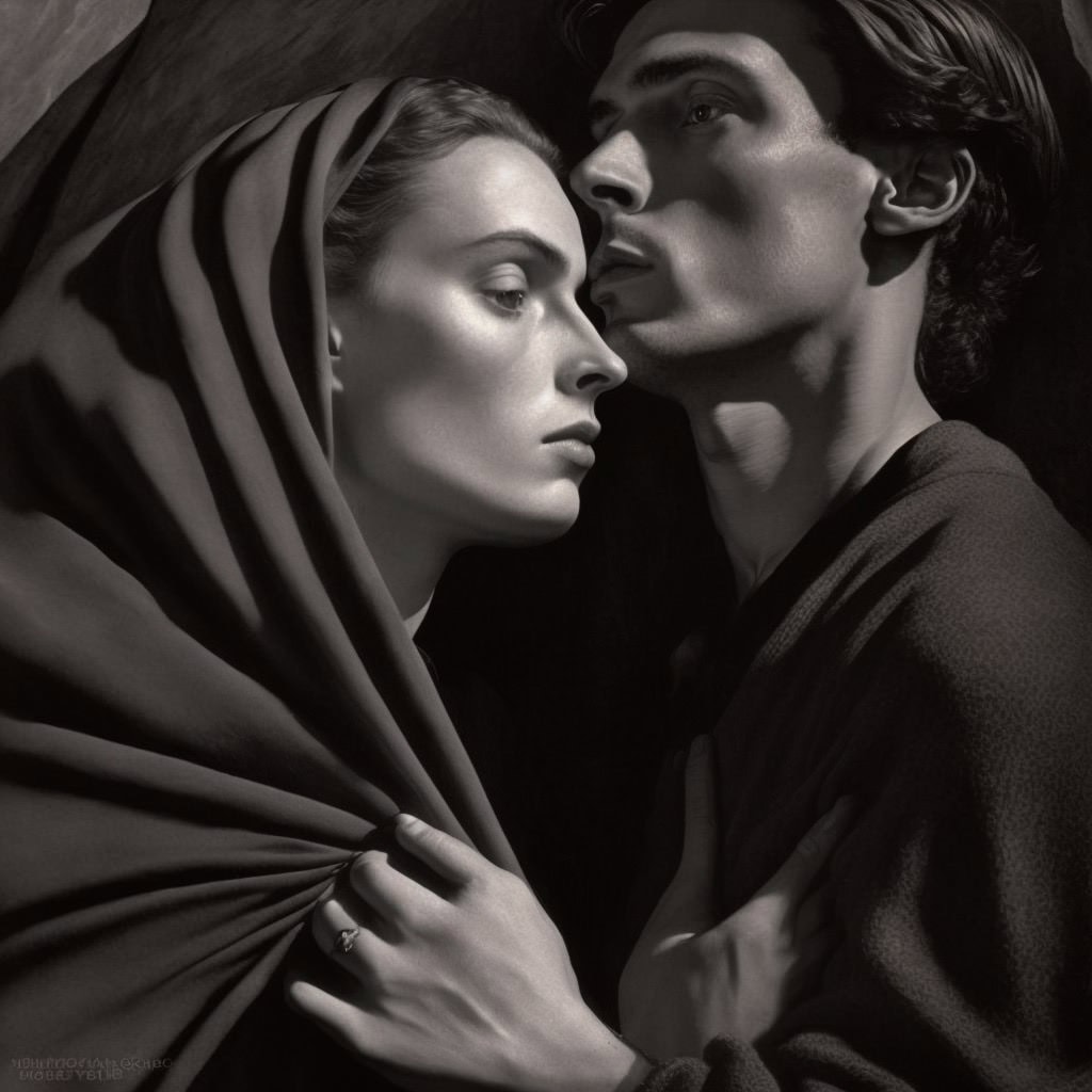 Romantic black and white photo of a couple embracing, highlighting connection and affection.