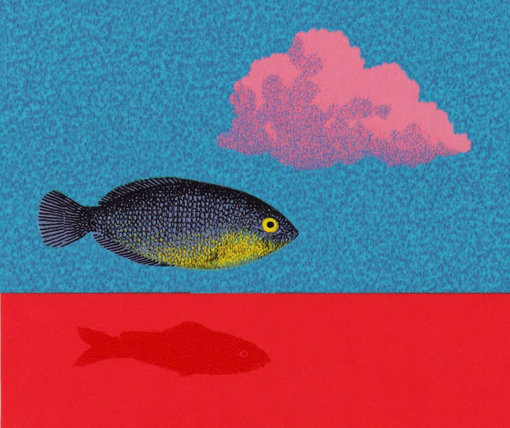 Bright fish swimming with pink cloud and red water reflection.