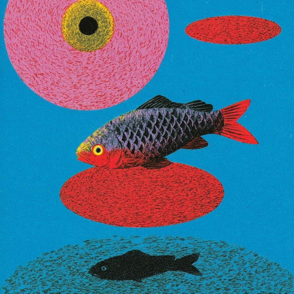 Artistic fish illustration with colorful abstract shapes on blue background.
