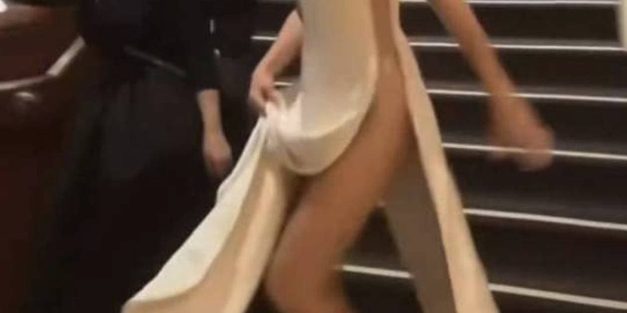Celebrity on the red carpet wearing a daring gown with a dramatic train at The Naked Red Carpet even.