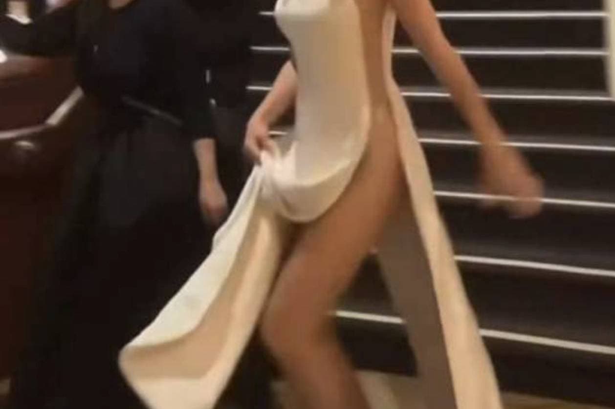 Celebrity on the red carpet wearing a daring gown with a dramatic train at The Naked Red Carpet even.