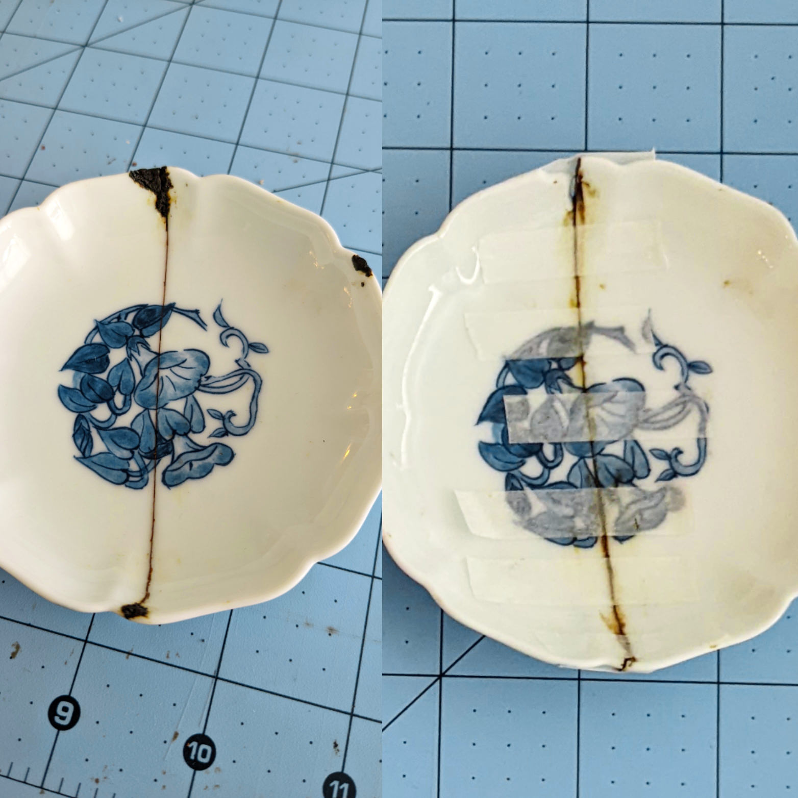 Ceramic plate with crack and decorative blue design, repaired with visible adhesive.
