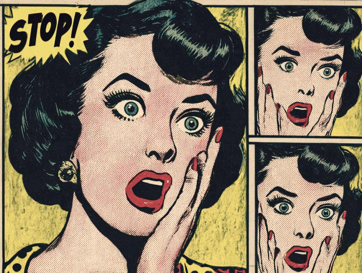 Woman in comic style expressing shock and distress, illustrating relationship conflicts and emotiona.
