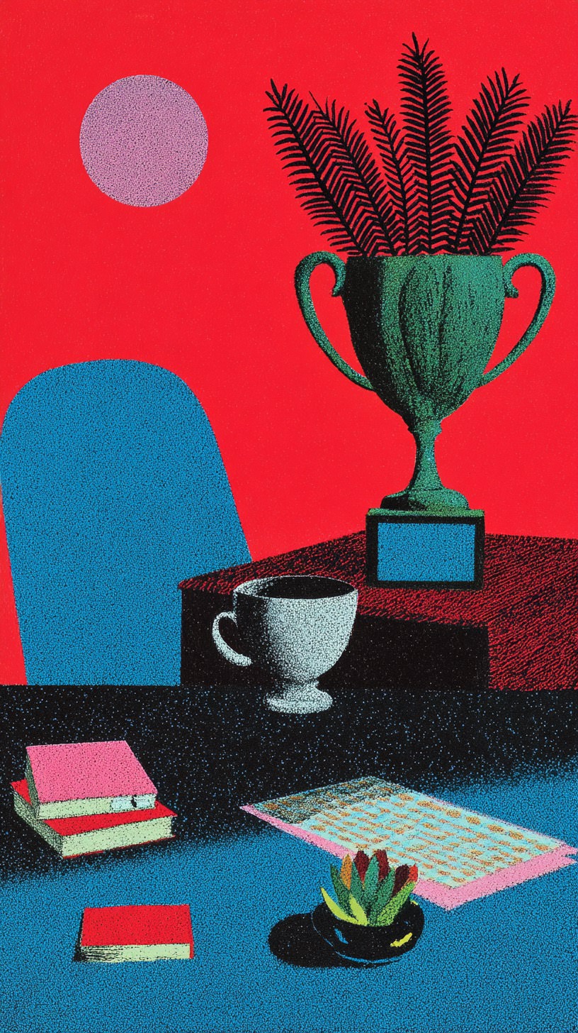 Golden trophy with potted plant and books on a desk, vibrant red background, modern art style.