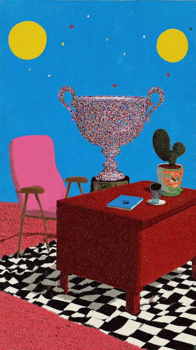Colorful trophy sculpture on a vibrant desk with modern decor elements.