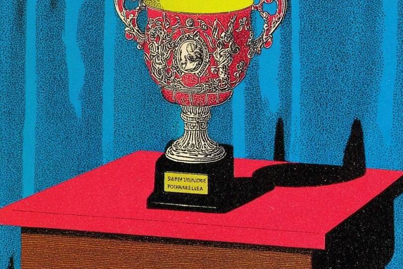 Elegant silver trophy with ornate handles on a red table.