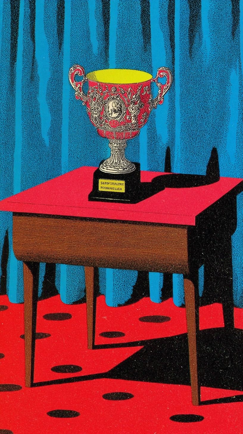 Golden trophy with ornate handles and detailed engravings on a red table, set against a blue curtain.